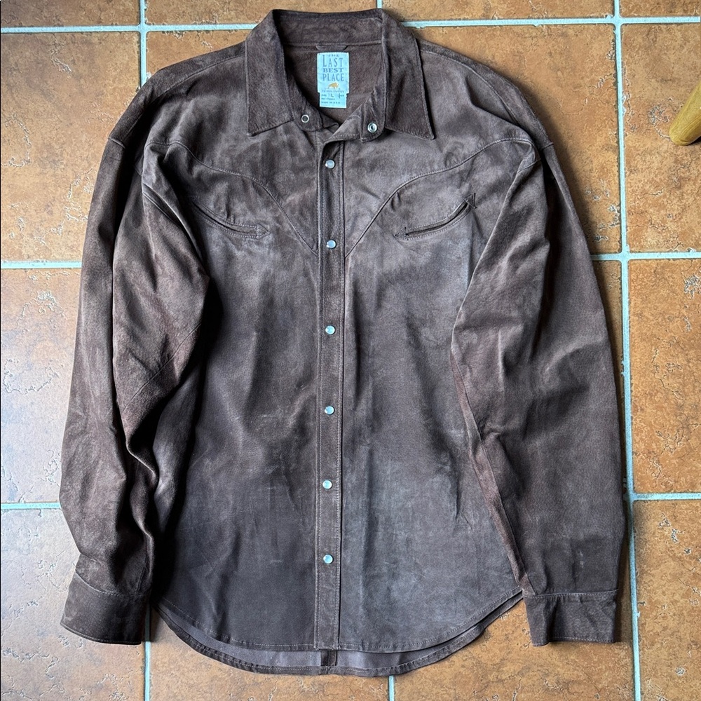 Dark Brown Genuine Suede Pearl Snap Button Shirt
